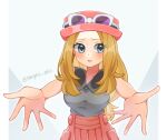  1girl black_shirt blonde_hair blush breasts collarbone commentary eyelashes eyewear_on_headwear glasses grey_eyes hat long_hair looking_to_the_side medium_breasts outstretched_arms parted_lips pink_hat pokemon pokemon_xy rain_(tonight_862) red_skirt serena_(pokemon) shirt simple_background skirt sleeveless sleeveless_shirt solo sunglasses twitter_username white-framed_eyewear 