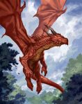  absurdres animal_focus black_horns blue_sky clouds cloudy_sky day dragon flying full_body highres horns mad_(artist) monster no_humans no_lineart original outdoors red_eyes red_scales scales sky solo tail western_dragon wings 