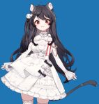  1girl ahoge animal_ear_fluff animal_ear_piercing animal_ears arin_(fanfan013) bare_shoulders black_bow black_hair blue_background bow bow_choker bowtie braid cat_ears cat_tail chinese_commentary choker closed_mouth commentary_request cowboy_shot detached_sleeves dress dress_bow eyelashes flower frilled_choker frilled_dress frilled_sleeves frills hair_flower hair_ornament long_hair looking_at_viewer loose_hair_strand original red_eyes rose short_dress sidelocks simple_background single_braid sleeveless sleeveless_dress sleeves_past_wrists smile solo tail thigh-highs very_long_hair white_bow white_bowtie white_choker white_dress white_flower white_rose white_sleeves white_thighhighs zettai_ryouiki 