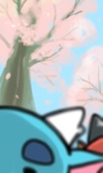  blue_sky blurry blurry_foreground cherry_blossoms chibi commentary_request dragon eastern_dragon hotathino no_humans original out_of_frame outdoors selfie sky western_dragon 