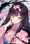  absurdres black_hair blush cherry_blossom_print cherry_blossoms closed_mouth floral_print flower hand_up highres japanese_clothes kimono lips long_hair looking_at_viewer original pink_eyes pink_flower pink_kimono saccharhythm sei_shounagon_(saccharhythm) sidelocks smile very_long_hair 