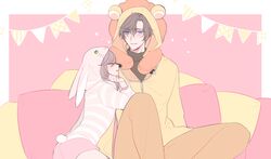  1boy 1girl animal_ears artem_wing_(tears_of_themis) black_sweater blue_eyes border brown_hair coto_notte dolphin_shorts fake_animal_ears fake_tail hetero lion_ears long_sleeves onesie pajamas pillow pink_background pink_shorts rabbit_ears rabbit_tail rosa_(tears_of_themis) shorts sweater tail tears_of_themis turtleneck turtleneck_sweater white_border zipper zipper_pull_tab 