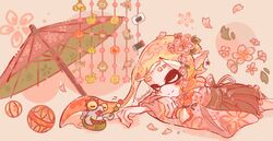  1girl cherry_blossoms clam_shell closed_eyes closed_mouth commentary_request crab_tank_(splatoon) dango eyebrow_cut flower food game_console golden_egg_(splatoon) hair_flower hair_ornament highres ikasenbei_414 ink_storm_(splatoon) inkling inkling_girl inkling_player_character japanese_clothes kimono long_hair lying nintendo_switch on_stomach pink_flower pointy_ears power_egg_(splatoon) rainmaker_(splatoon) sleeping smallfry_(splatoon) splat_bomb_(splatoon) splatoon_(series) splatoon_3 tentacle_hair torpedo_(splatoon) umbrella wagashi white_background wii_u zipcaster_(splatoon) 