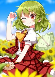  1girl blurry blurry_background field flower flower_field green_hair highres kazami_yuuka looking_at_viewer one_eye_closed outdoors plaid_clothes plaid_skirt plaid_vest red_eyes red_vest ruu_(tksymkw) skirt smile solo sunflower sunflower_field touhou vest 