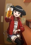  1girl alcohol bar_(place) beer beer_mug black_hair black_thighhighs blue_shorts blunt_bangs blurry blurry_background blush brown_eyes cup denim denim_shorts feet_out_of_frame froth hand_up highres holding holding_cup indie_virtual_youtuber indoors inverted_watch jacket long_sleeves looking_at_viewer magari_(c0rn3r) mug open_clothes open_jacket open_mouth print_shirt red_jacket refraction shirt short_hair short_twintails shorts smile solo t-shirt takajin-chan thigh-highs track_jacket translation_request twintails virtual_youtuber watch watch 