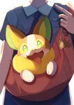  1girl absurdres bag blurry brown_bag charm_(object) collared_shirt commentary_request depth_of_field grey_shirt hand_up happy highres in_bag in_container mimori_(mimori0189) necktie pokemon pokemon_(creature) school_uniform shirt short_sleeves shorts white_background yamper 