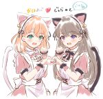  2girls :d alternate_costume animal_ears apron aqua_eyes bell black_ribbon black_wrist_cuffs blush brown_hair cat_day cat_ears cat_tail commentary cropped_torso crossed_bangs dress enmaided fake_animal_ears fake_tail frilled_cuffs fujishima_megumi group_name hair_bell hair_ornament heart heart_hands heart_hands_duo heart_in_heart_hands highres hinoshita_kaho link!_like!_love_live! long_hair looking_at_viewer love_live! maid maid_headdress medium_hair multiple_girls neck_ribbon nyan open_mouth orange_hair paw_pose paw_print pink_dress pink_wrist_cuffs puffy_short_sleeves puffy_sleeves ribbon short_sleeves simple_background sketch smile tail translation_request two_side_up violet_eyes virtual_youtuber white_apron white_background white_ribbon wrist_cuffs yutuki_ame 