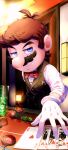  1boy aoriao black_suit bow casino casino_card_table cup drink english_commentary facial_hair gloves highres ice mario mustache new_super_mario_bros. poker poker_chip red_bow signature smile smirk smug suit super_mario_64_ds super_mario_bros. table tagme 