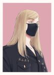  1boy aqua_eyes black_mask black_shirt blonde_hair covered_mouth eyelashes from_side looking_ahead male_focus mask mouth_mask pink_background portrait sanzu_haruchiyo sat0kapi shirt simple_background solo swept_bangs tokyo_revengers 