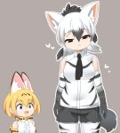  2girls aardwolf_(kemono_friends) animal_ears animal_print black_eyes black_gloves black_hair black_necktie black_shorts blush bow bowtie breasts cat_ears cat_girl closed_mouth collared_shirt commentary_request cowboy_shot elbow_gloves gloves grey_background hair_between_eyes heart kemono_friends leopard_print lets0020 long_bangs looking_at_another looking_at_viewer medium_bangs medium_breasts multicolored_hair multiple_girls necktie open_mouth outline print_bow print_bowtie serval_(kemono_friends) shirt shorts simple_background sleeveless sleeveless_shirt smile tail two-tone_hair white_gloves white_hair white_outline white_shirt wolf_ears wolf_girl wolf_tail yellow_eyes 