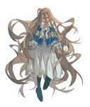  1girl absurdly_long_hair absurdres black_footwear blue_capelet boots bow bowtie brown_eyes brown_hair capelet dress fingernails full_body hair_between_eyes highres kurattes light_brown_hair long_hair looking_to_the_side messy_hair sense_(sousou_no_frieren) sidelocks simple_background solo sousou_no_frieren standing very_long_hair white_background white_bow white_bowtie white_dress 