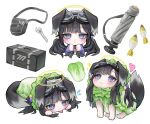  1girl absurdres adjustable_wrench ammunition animal_ears animalization bag black_hair blue_archive blush cabbage chibi closed_mouth dog dog_ears dog_girl dog_tail eyewear_on_head flying_sweatdrops goggles goggles_on_head grabbing_own_hair hair_bobbles hair_ornament halo happy heart hibiki_(blue_archive) highres jiyuneva long_hair long_sleeves looking_at_viewer mortar_(weapon) mortar_shell napa_cabbage sleeves_past_wrists smile tail tongue tongue_out twintails violet_eyes wrench 