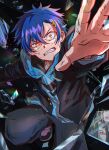  1boy absurdres artist_name asanaka_yomogi black_background black_jacket black_pants blue_hair blue_hoodie clenched_teeth dirty dirty_face glass_shards gridman_universe gridman_universe_(film) hair_ornament hairclip highres hood hoodie jacket minami_yume pants reaching reaching_towards_viewer short_hair solo_focus ssss.dynazenon syknchan teeth yellow_eyes 