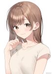  1girl blush breasts brown_eyes brown_hair closed_mouth collarbone commentary_request hand_up highres long_hair looking_at_viewer midorikawa_you original shirt short_sleeves simple_background small_breasts smile solo twitter_username upper_body white_background white_shirt 
