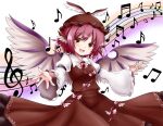  1girl animal_ears beamed_eighth_notes beamed_sixteenth_notes bird_ears bird_wings blush brown_hat collared_shirt eighth_note fingernails forte_(symbol) frilled_sleeves frills hat highres long_fingernails long_sleeves matelia musical_note mystia_lorelei nail_polish open_mouth pink_hair purple_nails quarter_note quarter_rest sharp_fingernails sharp_sign shirt short_hair sixteenth_note sleeve_garter smile solo staff_(music) touhou treble_clef white_shirt white_wings whole_note wide_sleeves winged_hat wings yellow_eyes 