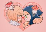  2girls blonde_hair blue_hood blush chimera crying crying_with_eyes_open dungeon_meshi falin_touden falin_touden_(chimera) feathers fly_agaric green_eyes heart highres long_hair marcille_donato marcille_donato_(lord) meyoco multiple_girls mushroom pink_background short_hair simple_background tears walking_mushroom_(dungeon_meshi) white_feathers yellow_eyes yuri 