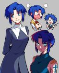  1girl @_@ bare_shoulders blue_eyes blue_hair blush cardigan_vest ciel_(tsukihime) dress embarrassed full-face_blush highres multiple_views open_mouth parted_lips round_eyewear school_uniform short_hair sleeveless smile spdcooler tsukihime 