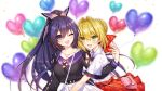  2girls :d ;d bag balloon black_shirt blonde_hair blush bow braid breasts collarbone collared_shirt commission date_a_live fate/extra fate_(series) french_braid green_eyes hair_bow hair_intakes heart heart_balloon highres jewelry large_breasts multiple_girls munlu_(wolupus) necklace nero_claudius_(fate) one_eye_closed open_mouth pleated_skirt ponytail purple_hair red_skirt shirt short_sleeves shoulder_bag skeb_commission skirt smile violet_eyes white_shirt white_skirt yatogami_tooka 