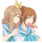  2girls blue_neckerchief blue_sailor_collar bow_hairband brown_hair closed_mouth commentary_request curryisfriend fang food fruit green_eyes hairband hand_on_another&#039;s_shoulder hibike!_euphonium holding holding_food light_brown_hair liz_to_aoi_tori long_hair multiple_girls nakagawa_natsuki neckerchief sailor_collar school_uniform serafuku shirt short_sleeves simple_background violet_eyes watermelon watermelon_slice white_background white_shirt yellow_hairband yoshikawa_yuuko 