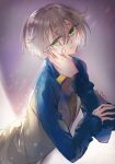  1boy bazhua blue_jacket closed_mouth expressionless green_eyes grey_hair grey_jacket hair_between_eyes hair_flaps hand_on_another&#039;s_cheek hand_on_another&#039;s_face holding_another&#039;s_wrist hotarumaru jacket long_sleeves looking_at_viewer male_focus out_of_frame purple_background short_eyebrows sideways_glance solo_focus touken_ranbu track_jacket upper_body 
