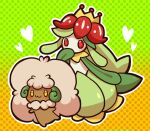  :3 animal_focus blush covering_own_mouth full_body gradient_background heart kotorai lilligant looking_ahead no_humans outline pokemon pokemon_(creature) polka_dot polka_dot_background red_eyes whimsicott white_outline yellow_eyes 