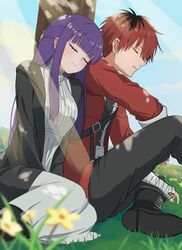  1boy 1girl 4_m_lacra belt black_coat black_footwear black_pants blue_sky blunt_bangs blurry boots clouds cloudy_sky coat commentary_request depth_of_field dress fern_(sousou_no_frieren) flower grass hair_between_eyes hair_ornament highres hood hooded_coat knee_boots knee_up leaning_on_person leaning_to_the_side long_hair long_sleeves open_clothes open_coat outdoors pants parted_lips purple_hair red_coat redhead sidelocks sitting sky sleeping sleeping_on_person smile sousou_no_frieren stark_(sousou_no_frieren) sunlight tree white_dress 