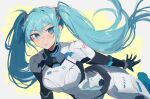  1girl armor artist_name black_bodysuit blue_eyes blue_hair blush bodysuit character_name english_commentary eyelashes hatsune_miku highres long_hair ms_tsukii number_print parted_lips power_armor print_armor sketch solo text_print twintails vocaloid white_armor white_background yellow_background 