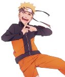  1boy blonde_hair commentary english_commentary forehead_protector grin headband jacket long_sleeves looking_at_viewer male_focus naruto naruto_(series) naruto_shippuuden one_eye_closed open_mouth pants short_hair simple_background smile solo spiky_hair subuta_(butabutasubuta) tongue uzumaki_naruto white_background 