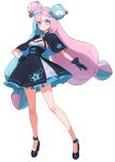 1girl blue_hair breasts character_hair_ornament closed_mouth dress frilled_dress frills gloves hair_ornament high_heels highres iono_(pokemon) kamidan long_hair looking_at_viewer magnemite multicolored_hair pink_hair pokemon pokemon_sv shirt smile solo twintails two-tone_hair