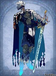  1boy amijotter black_pants blue_background cape character_request full_body holding holding_sword holding_weapon male_focus muzzle pandora_party_project pants red_eyes short_hair solo sword torn_cape torn_clothes weapon white_hair 