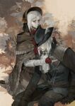  2girls artist_request ascot bloodborne bonnet brown_cloak cloak doll doll_joints flower gem gloves hat hat_flower highres hug joints lady_maria_of_the_astral_clocktower long_hair multiple_girls plain_doll red_ascot saw saw_cleaver tricorne white_ascot 