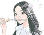  1girl animification black_eyes black_hair blowing_bubbles bubble collared_shirt holding hyein_(newjeans) k-pop long_hair looking_at_viewer newjeans polo_tokki portrait real_life shirt solo white_background white_shirt 