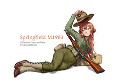  1girl ammunition_pouch belt blush bolt_action boots breasts brown_footwear brown_hair campaign_hat canteen character_name closed_mouth commentary english_text full_body gaiters girls_frontline green_eyes green_pants green_shirt gun gun_sling hair_between_eyes hair_rings hand_on_headwear hat hat_tip highres holding holding_clothes holding_hat large_breasts long_hair long_sleeves looking_at_viewer lying m1903_springfield military military_uniform on_side one_eye_closed ostwindprojekt pants pouch rifle shirt shirt_tucked_in sidelocks sidelocks_tied_back simple_background smile solo springfield_(girls&#039;_frontline) uniform united_states_marine_corps weapon white_background 