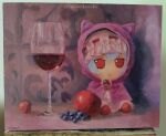  1girl apple blue_hair closed_mouth commentary cup drinking_glass english_commentary food fruit fumo_(doll) grapes hat highres looking_at_viewer mob_cap oil_painting_(medium) painting_(medium) pink_hat red_eyes remilia_scarlet short_hair smile solo strawberry touhou traditional_media twitter_username wine_glass yuuren_kyouko 