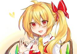  1girl absurdres ascot crystal_wings elf flandre_scarlet hair_ribbon heart heart_hands highres long_hair open_mouth pointy_ears red_eyes red_ribbon ribbon side_ponytail simple_background solo touhou upper_body yellow_ascot yellow_background yswg8wbpk027027 