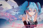  1girl aqua_necktie art_brush artificial_wings beamed_sixteenth_notes black_sleeves blue_eyes blue_hair book commentary crossed_arms detached_sleeves easel eighth_note floating_hair frilled_shirt frills hair_ornament half_note hatsune_miku hatsune_miku_happy_16th_birthday_-dear_creators- highres long_hair looking_at_viewer musical_note necktie paintbrush pen piano_keys quarter_note shirt sketchbook sleeveless sleeveless_shirt smile solo space staff_(music) star_(sky) thirty-second_note treble_clef twintails upper_body v-shaped_eyebrows very_long_hair vocaloid white_shirt wings yue_yue 