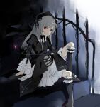  1girl black_dress black_hairband black_ribbon black_wings closed_mouth cross doll_joints dress feathered_wings gothic_lolita grey_hair hairband highres inverted_cross joints juliet_sleeves kugaumelo lolita_fashion lolita_hairband long_hair long_sleeves puffy_sleeves red_eyes ribbon rozen_maiden sitting sitting_on_stairs sleeve_ribbon solo stairs suigintou two-tone_dress white_dress wings 