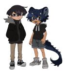 2boys animal_ears artist_name black_footwear black_hair black_jacket black_sweater blue_eyes blue_hair brown_pants child closed_mouth deviidog0 english_commentary fangs full_body fur-tipped_tail fur_collar grey_footwear grey_shorts hands_in_pockets highres hood hood_down hooded_jacket horns jacket looking_at_viewer male_focus multiple_boys open_mouth original pants shoes short-sleeved_jacket short_eyebrows short_hair short_sleeves shorts simple_background small_horns sneakers spiked_tail standing sweater tail turtleneck turtleneck_sweater twintails very_short_hair violet_eyes white_background 