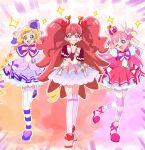  3girls :d ;d abstract_background absurdres akizora_(aki_precure) alternate_universe blonde_hair blue_eyes bow bow_earrings braid brooch closed_mouth crown cure_friendy cure_wonderful deerstalker dot_nose double_v dress dress_bow earrings frilled_wrist_cuffs frills full_body hat hat_ornament heart heart_brooch heart_hat_ornament highres inukai_iroha inukai_komugi jewelry kanie_(precure) legs_together long_hair looking_at_viewer magical_girl mini_crown mini_hat multicolored_background multicolored_bow multicolored_hair multicolored_pantyhose multiple_girls one_eye_closed open_mouth pantyhose pink_bow pink_dress pink_footwear pink_hair pink_thighhighs pink_wrist_cuffs pouch precure puffy_sleeves purple_bow purple_dress purple_footwear purple_hat purple_wrist_cuffs red_eyes red_footwear redhead shoes short_dress smile standing standing_on_one_leg streaked_hair striped_bow striped_clothes striped_pantyhose thigh-highs tilted_headwear twin_braids two-tone_hair two_side_up unofficial_precure_costume v violet_eyes white_thighhighs wonderful_precure! wrist_cuffs zettai_ryouiki 