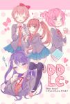  4girls black_thighhighs blue_skirt book bow brown_hair closed_mouth copyright_name cropped_torso doki_doki_literature_club food full_body grey_jacket holding holding_food jacket karunabaru long_sleeves looking_at_viewer monika_(doki_doki_literature_club) multiple_girls natsuki_(doki_doki_literature_club) one_side_up open_mouth pen pink_hair pleated_skirt ponytail purple_hair red_bow sayori_(doki_doki_literature_club) shoes skirt thigh-highs white_bow yuri_(doki_doki_literature_club) 