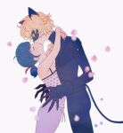 1girl adrien_agreste animal_ears bell black_bodysuit black_mask blonde_hair blue_hair bodysuit cat_boy cat_ears chat_noir closed_eyes falling_petals green_eyes hetero highres hug ikutan0222 jingle_bell kiss marinette_dupain-cheng mask miraculous_ladybug pajamas petals simple_background superhero_costume surprised