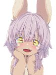  1other absurdres animal_ears blush body_fur brown_fur colored_eyelashes eyelashes furry green_eyes highres horizontal_pupils long_hair looking_at_viewer made_in_abyss nanachi_(made_in_abyss) open_mouth other_focus rabbit_ears sekaineko_001 sharp_teeth simple_background solo teeth upper_body upper_teeth_only whiskers white_background white_hair yellow_eyes 