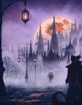  2others absurdres amygdala_(bloodborne) bare_tree bloodborne clouds coat glowing glowing_eyes hat highres holding holding_weapon hunter_(bloodborne) lamppost monster moon multiple_others night outdoors renekovacart saw saw_cleaver standing tree tricorne weapon winter_lantern 