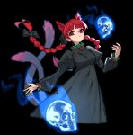  1girl animal_ears black_background black_dress bow braid breasts cat_ears cat_girl cat_tail dress hair_bow highres kaenbyou_rin long_sleeves looking_at_viewer pixel_art pointy_ears puffy_long_sleeves puffy_sleeves red_eyes redhead shinkiroo10 skull solo tail touhou twin_braids 