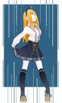  1girl bad_id bad_pixiv_id blonde_hair blue_skirt brown_footwear character_request colored_skin copyright_request full_body hair_behind_ear hair_ribbon kneehighs long_bangs long_hair looking_to_the_side lowres open_mouth ribbon sentakki shirt shoes simple_background skirt socks solo solo_focus teeth upper_teeth_only white_shirt white_skin 