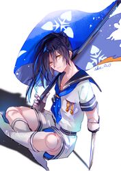  1boy black_hair blue_neckerchief crossed_legs dororo_(tezuka) flag full_body hair_between_eyes highres holding holding_flag hyakkimaru_(dororo) long_hair medal neckerchief prosthesis prosthetic_arm prosthetic_leg prosthetic_weapon sailor_collar sakuramochi1003 shirt shorts sitting socks solo weapon white_background white_shirt white_shorts white_socks yellow_eyes 