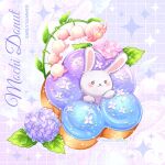  artist_name chocomiruki commentary dew_drop doughnut english_text flower flower_request food food_focus grid_background leaf lily_of_the_valley looking_at_viewer no_humans original pink_flower purple_background purple_flower rabbit simple_background sparkle spring_(season) water_drop zoom_layer 