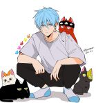  animalization black_pants blue_eyes blue_hair cat daut_barret earrings facial_mark finn_ames genjitsu_o_miro grey_shirt headband highres jewelry lance_crown lemon_irvine mash_burnedead mashle pants planet_earrings shirt short_hair socks squatting 