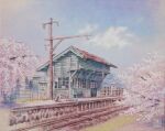  animal ballast building cat clouds cloudy_sky grass highres nihonga original painting_(medium) railroad_tracks sign sky tanamachi_yoshihiro traditional_media train_station train_station_platform tree watercolor_(medium) window 