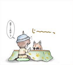  1boy 1girl animal_ears brown_eyes bucket_hat captain_(kemono_friends) dog_(shiba_inu)_(kemono_friends) dog_ears dog_girl extra_ears gloves hat hat_feather highres jacket kemono_friends kemono_friends_3 kotatsu multicolored_hair padlockbox safari_jacket shirt short_hair short_sleeves table white_hair 